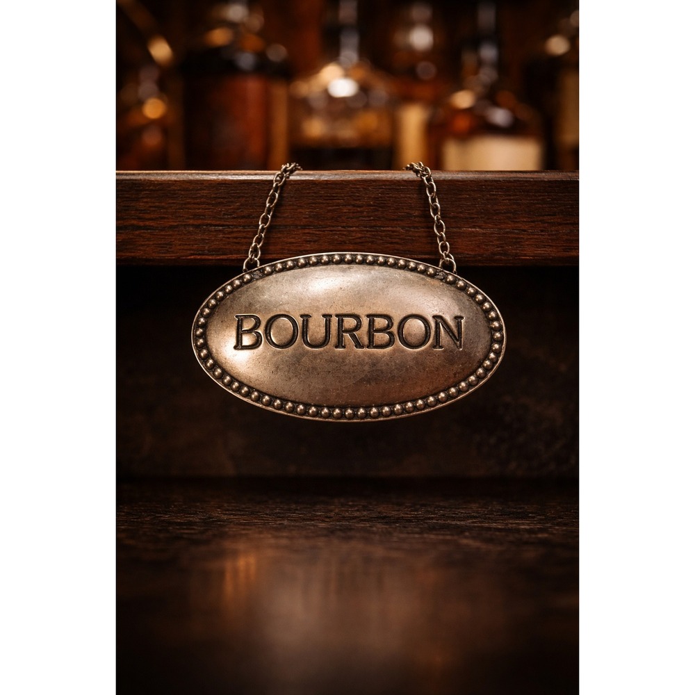 Godinger Bourbon Decanter Label Silver Tone Metal Oval Bottle Tag‎ with Chain